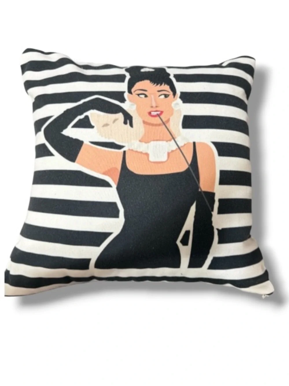 Audrey Hepburn Holly Golightly Breakfast at Tiffany’s Throw Pillow Striped